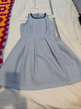Light Blue Embellished Neck Fit-and-Flare Dress